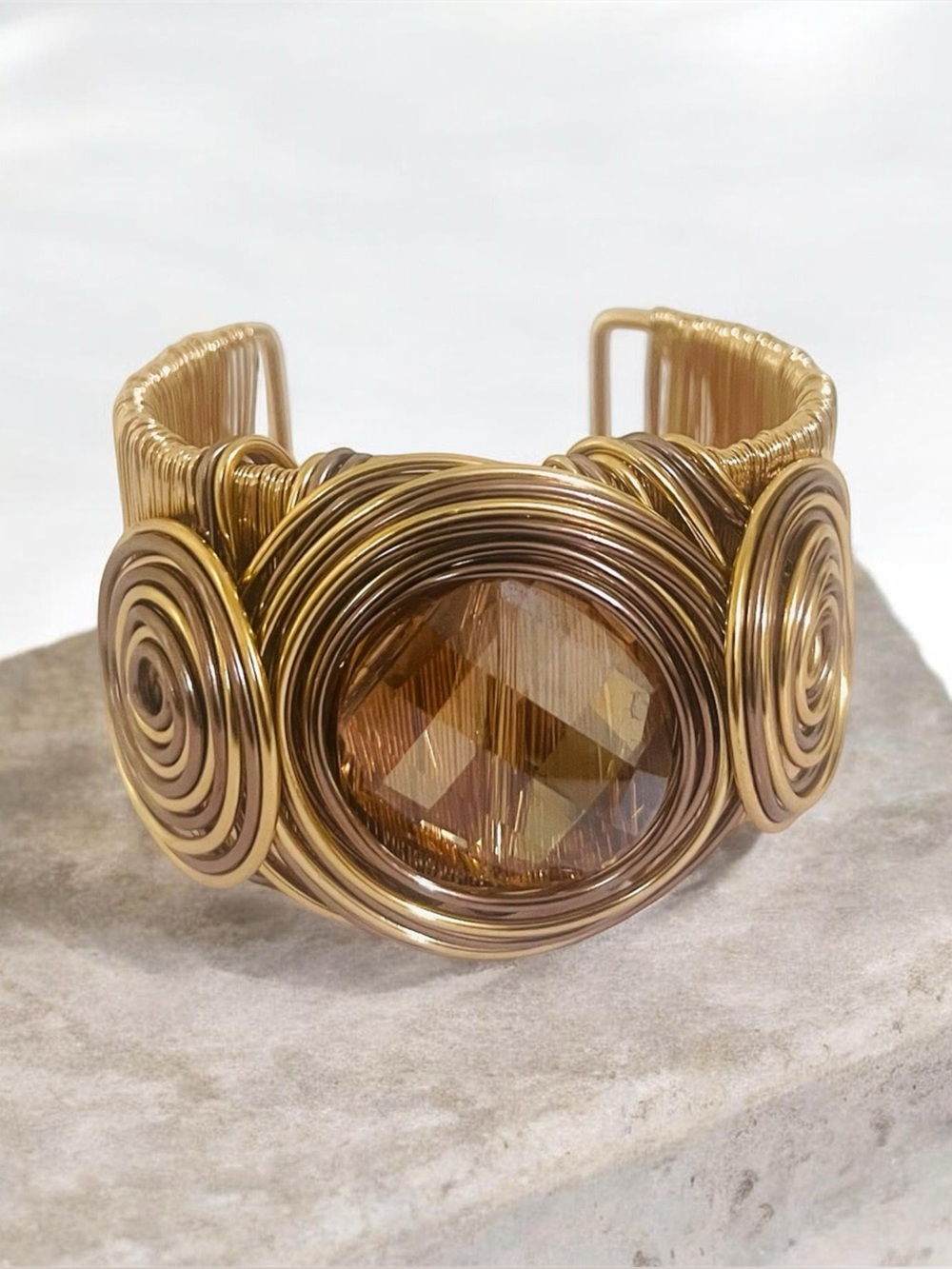 Gold-Tone Spiral Wire Cuff Bracelet with Amber Center Stone